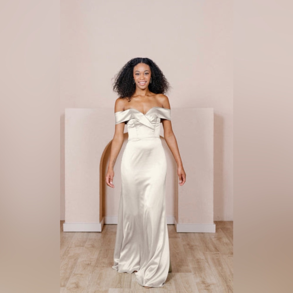 Revelry Bardot Satin Dress - Soft Champagne